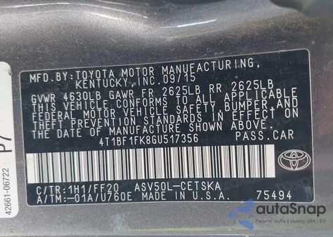 2016 Toyota Camry Se из США, поврежденный, VIN 4T1BF1FK8GU517356